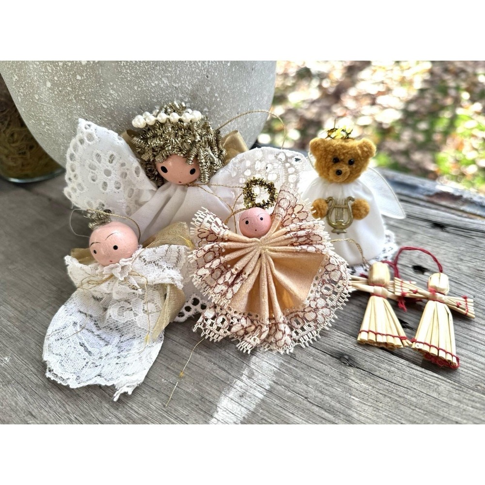Lot Of Vintage Wooden Head Laced Angel Ornaments And Bear Playing Harp Angel